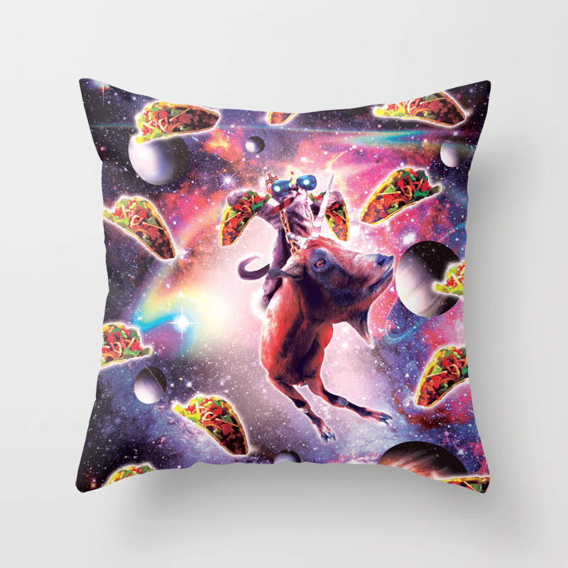 Multicolor Random Galaxy Cowboy Space Cat On Goat Unicorn-Taco Throw Pillow 18x18 
