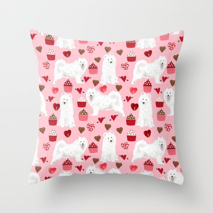 Samoyed valentines day dog portrait cute puppy dogs hearts love valentine for dog person Throw Pillow