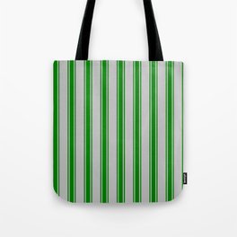 [ Thumbnail: Grey and Green Colored Stripes Pattern Tote Bag ]