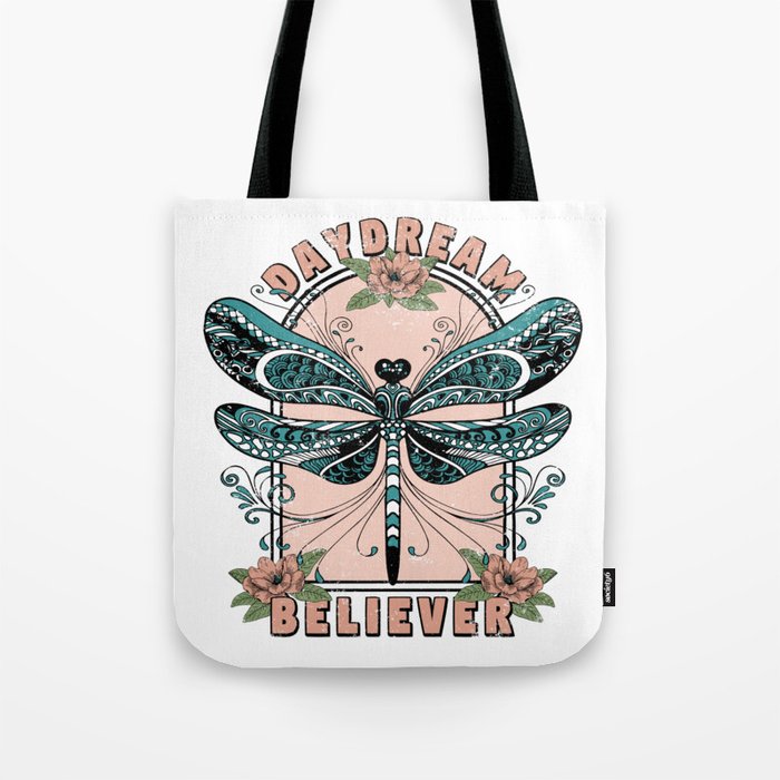 Daydream, Cute Dragonfly, Pretty Floral Design Tote Bag
