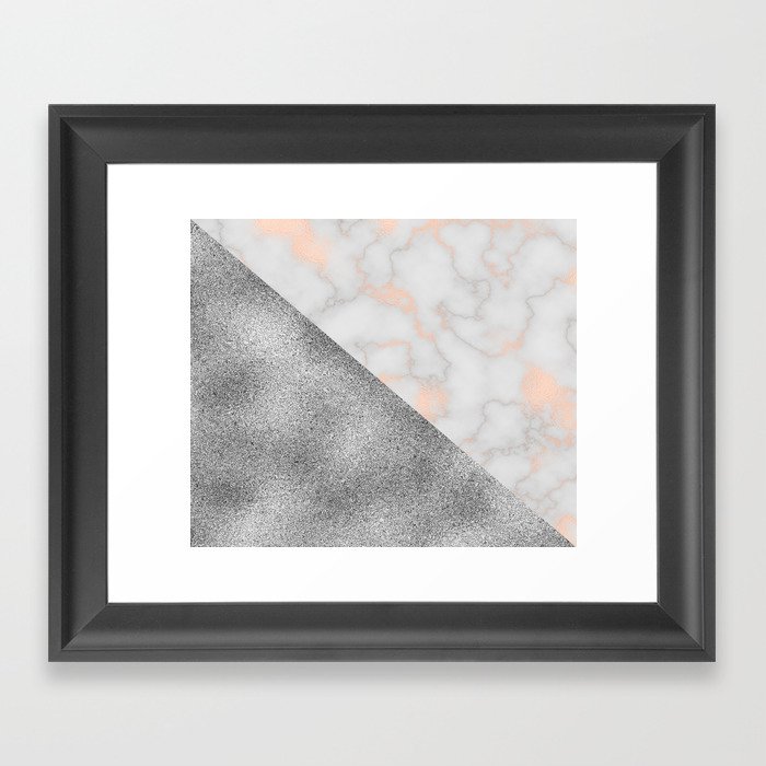 Rose gold marble and silver glitter Framed Art Print
