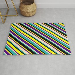 [ Thumbnail: Eyecatching Yellow, Indigo, Bisque, Light Sea Green, and Black Colored Lined Pattern Rug ]