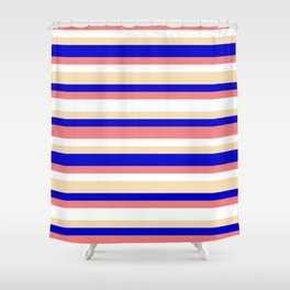 [ Thumbnail: Blue, Light Coral, White & Tan Colored Lined/Striped Pattern Shower Curtain ]