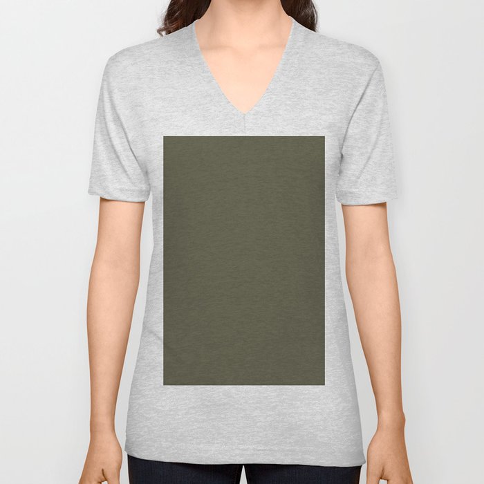 Dark Gray-Brown Solid Color Pantone Winter Moss 18-0523 TCX Shades of Yellow Hues V Neck T Shirt