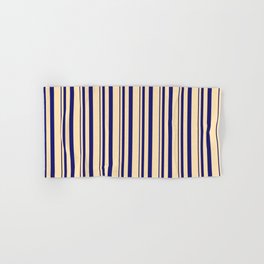 [ Thumbnail: Midnight Blue and Beige Colored Lines Pattern Hand & Bath Towel ]