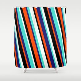 [ Thumbnail: Vibrant Mint Cream, Turquoise, Midnight Blue, Red & Black Colored Lines/Stripes Pattern Shower Curtain ]