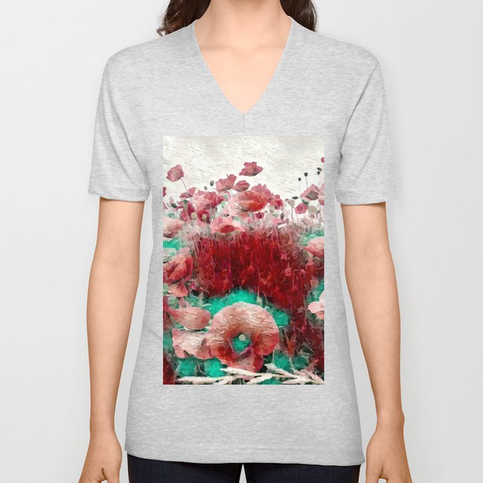 Anime summer blooming poppy field V Neck T Shirt