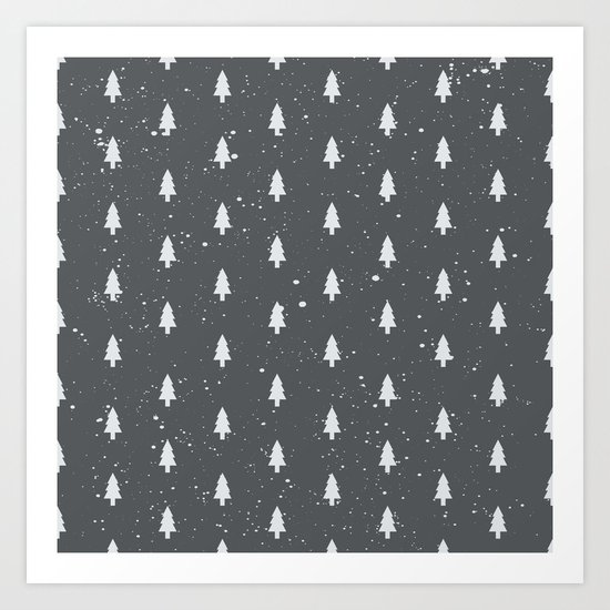 Christmas Trees Pattern Grey Art Print