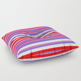 [ Thumbnail: Slate Blue, Lavender, Red & Hot Pink Colored Stripes/Lines Pattern Floor Pillow ]