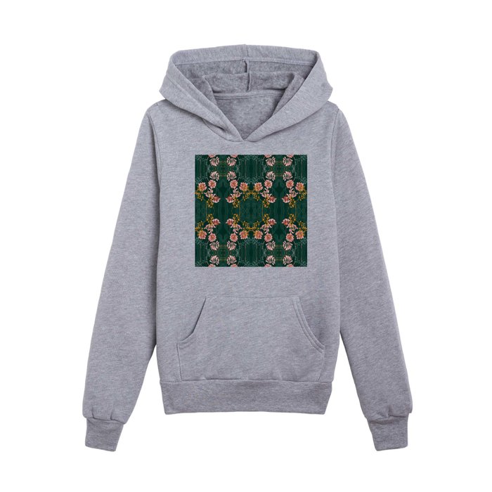 Art Nouveau floral pattern with lines – emerald green Kids Pullover Hoodie