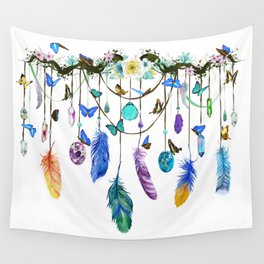 Folkestone Feather, Crystal And Butterfly Spirit Gazer Wall Tapestry | Butterfly, Magic, Ivy, Feather, Topaz, Blossoms, Tree, Dreamcatcher, Crystal, Facetedcrystal 