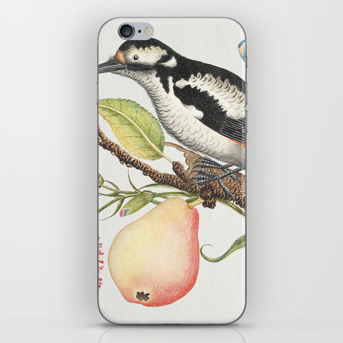 Illustration of a bird perched on a branch which bears a pear, red and white blossoms, and leaves with a ladybug and butterfly in upper right corner iPhone Skin