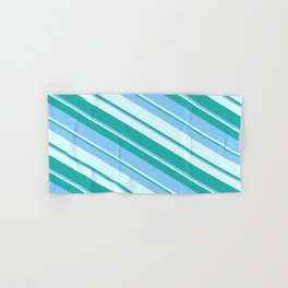[ Thumbnail: Light Cyan, Light Sea Green & Light Sky Blue Colored Lines/Stripes Pattern Hand & Bath Towel ]