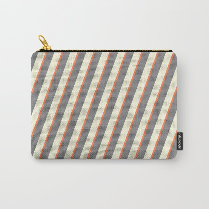 Beige, Coral & Grey Colored Lined Pattern Carry-All Pouch