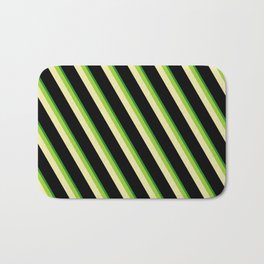 [ Thumbnail: Green, Pale Goldenrod, Black, and Forest Green Colored Pattern of Stripes Bath Mat ]