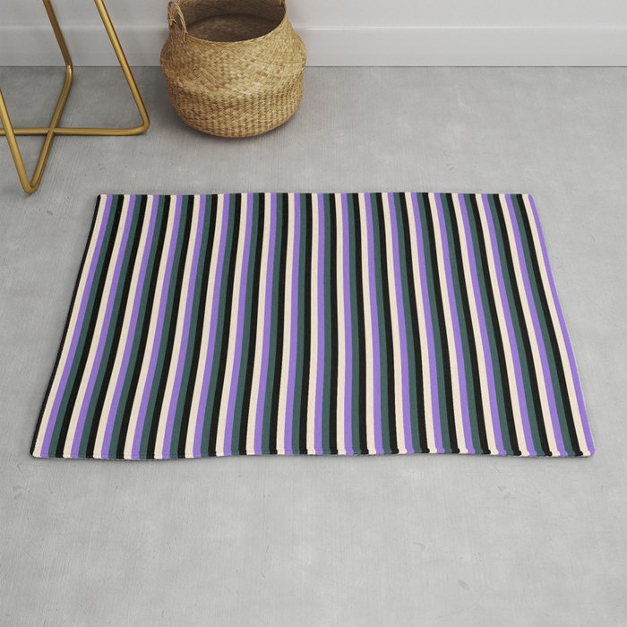 Purple, Dark Slate Gray, Black & Beige Colored Lined/Striped Pattern Rug