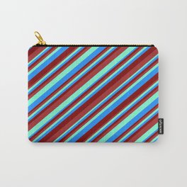 [ Thumbnail: Brown, Aquamarine, Blue, and Maroon Colored Striped/Lined Pattern Carry-All Pouch ]