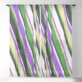 [ Thumbnail: Purple, Tan, Forest Green, Black, and White Colored Lined/Striped Pattern Sheer Curtain ]