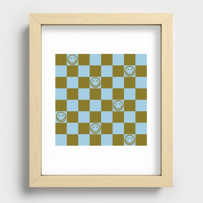 Checkered Smiley Faces \\ Autumn Grass Color & Pastel Blue Recessed Framed Print