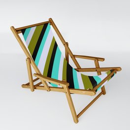 [ Thumbnail: Turquoise, Lavender, Green & Black Colored Pattern of Stripes Sling Chair ]