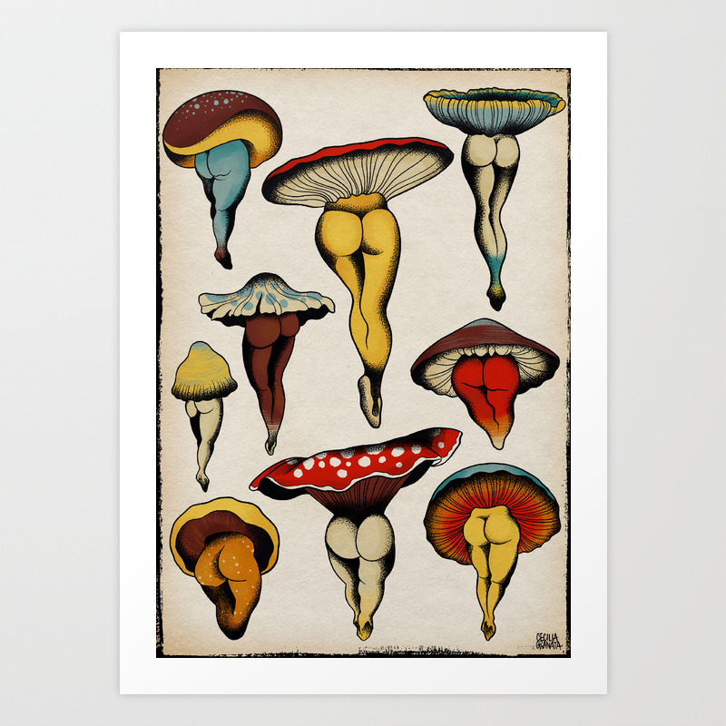Handmade interior art. Mushrooms print Linocut wall art A5