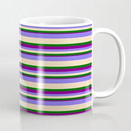 [ Thumbnail: Medium Slate Blue, Tan, Dark Green & Purple Colored Pattern of Stripes Coffee Mug ]