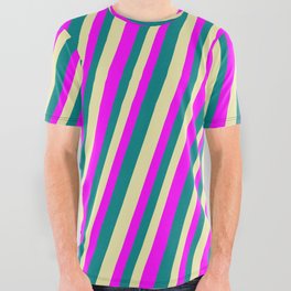 [ Thumbnail: Pale Goldenrod, Fuchsia, and Teal Colored Striped Pattern All Over Graphic Tee ]