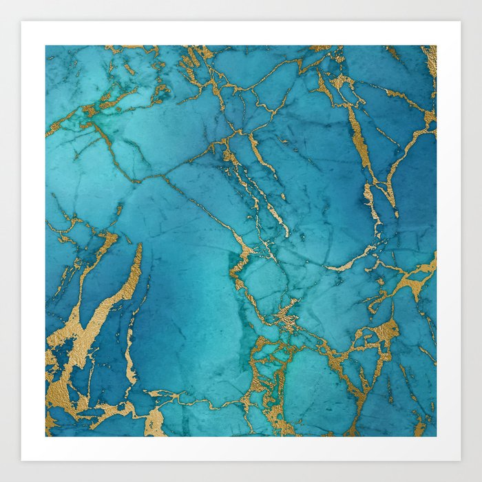 Turquoise Gold Metallic Marble Stone Art Print