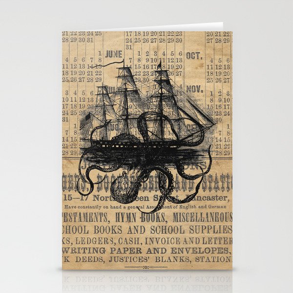 Octopus Kraken attacking Ship Antique Almanac Paper Stationery Cards