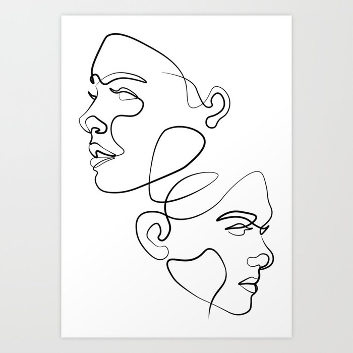 TWO WOMAN FACES IN DIFFERENT DIRECTIONS ONE LINE ART DESIGN Art Print