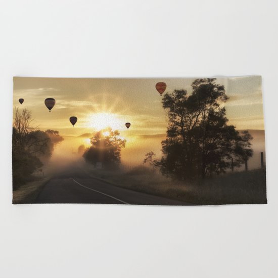 Hot Air Balloons on a Foggy Morning Beach Towel