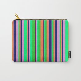 [ Thumbnail: Vibrant Lime Green, Coral, Midnight Blue, Plum, and Green Colored Lines/Stripes Pattern Carry-All Pouch ]