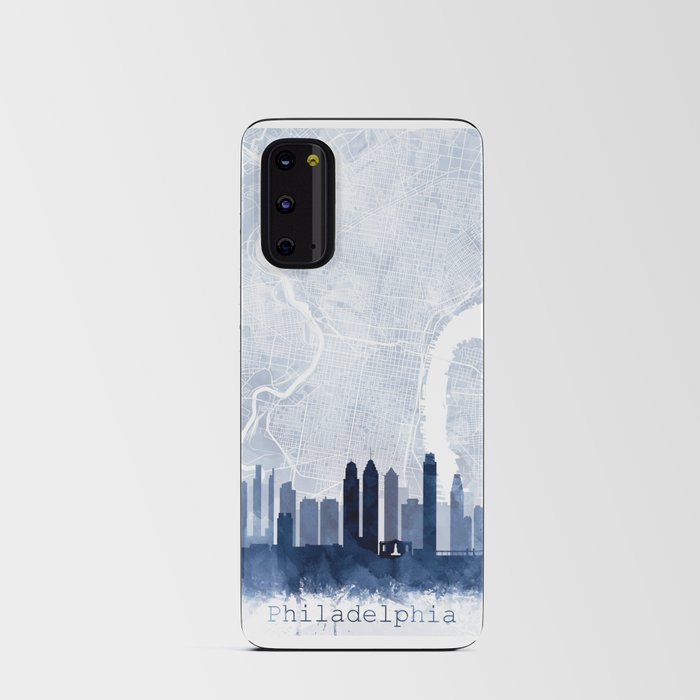 Philadelphia Skyline & Map Watercolor Navy Blue, Print by Zouzounio Art Android Card Case