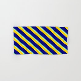 [ Thumbnail: Sea Green, Turquoise, Yellow & Blue Colored Stripes Pattern Hand & Bath Towel ]