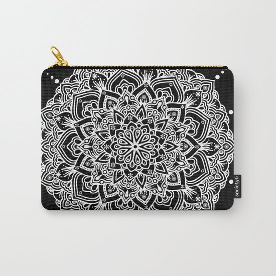 White Mandala With Droplets On Black Carry-All Pouch
