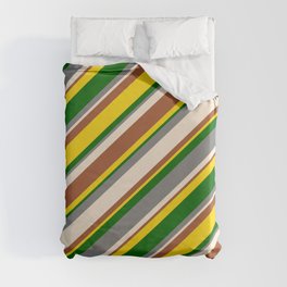 [ Thumbnail: Eye-catching Gray, Beige, Sienna, Yellow, and Dark Green Colored Lines/Stripes Pattern Duvet Cover ]