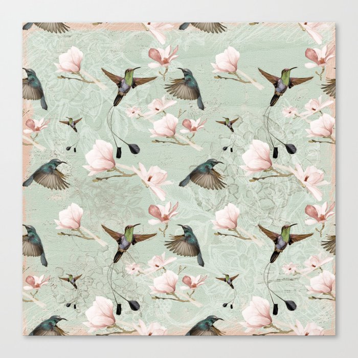 Vintage Watercolor hummingbird and Magnolia Flowers on mint Background Canvas Print