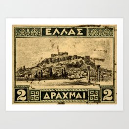 Greek Acropolis Stamp Art Print | Greekletters, Mountain, Pattern, Greece, Acropolis, 1927, Greekpostagestamp, Postagestamp, Bluegreen, Vintage 