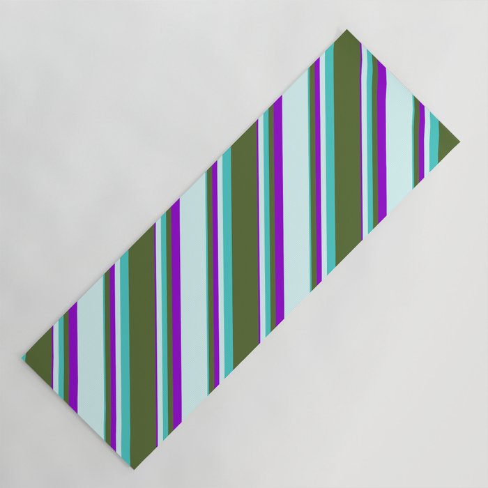 Turquoise, Dark Olive Green, Dark Violet & Light Cyan Colored Striped/Lined Pattern Yoga Mat