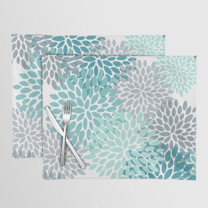 Floral Pattern, Aqua, Teal, Turquoise and Gray Placemat