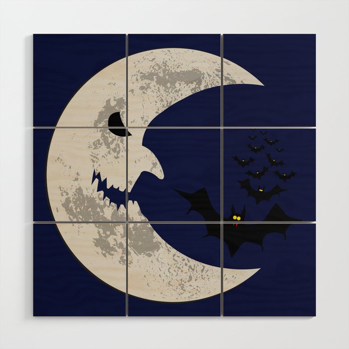 Halloween scary moon and bats Wood Wall Art