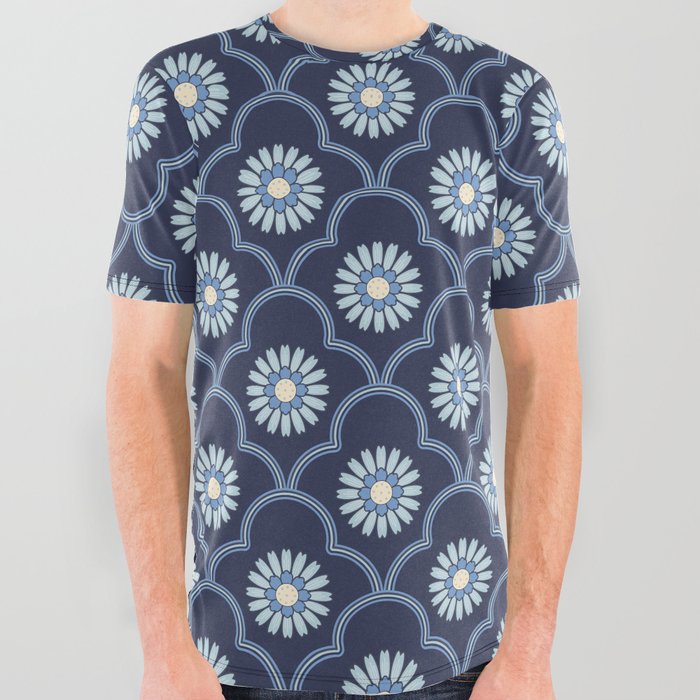 Ethnic Ogee Floral Pattern Blue All Over Graphic Tee