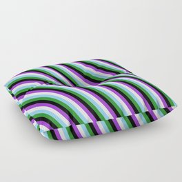 [ Thumbnail: Eye-catching Dark Orchid, White, Light Sky Blue, Forest Green, and Black Colored Stripes Pattern Floor Pillow ]