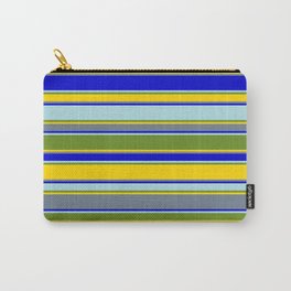 [ Thumbnail: Colorful Powder Blue, Green, Yellow, Slate Gray & Blue Colored Striped Pattern Carry-All Pouch ]