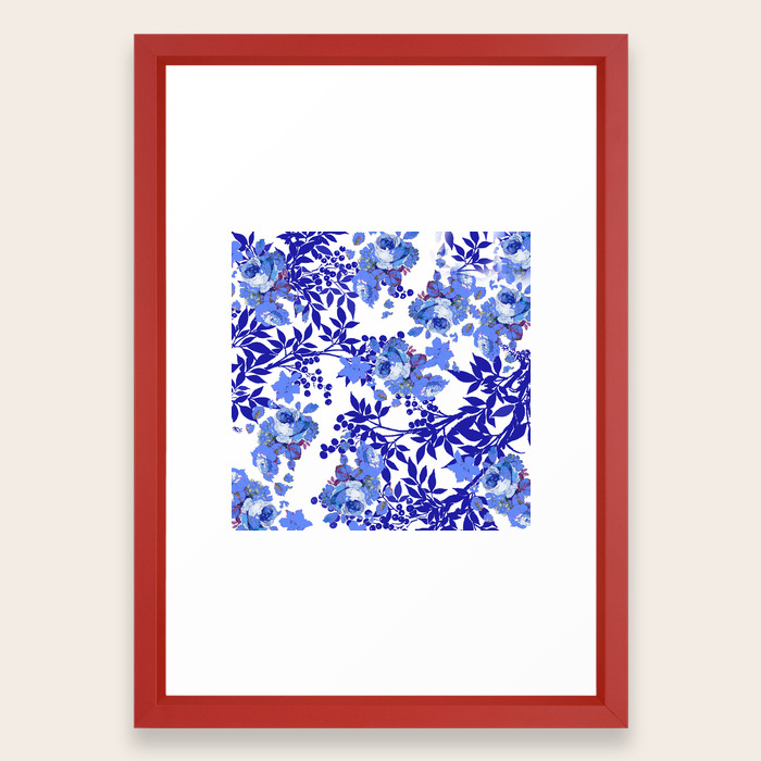 Blue And White Rose Leaf Toile Pattern Framed Art Print By Saundramyles Society6