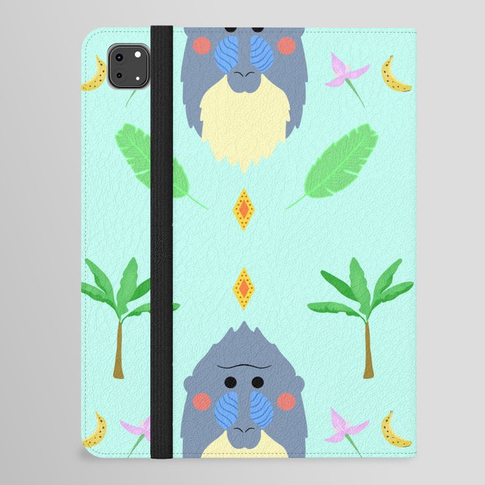 Monkey baboon symmetrical pattern blue iPad Folio Case
