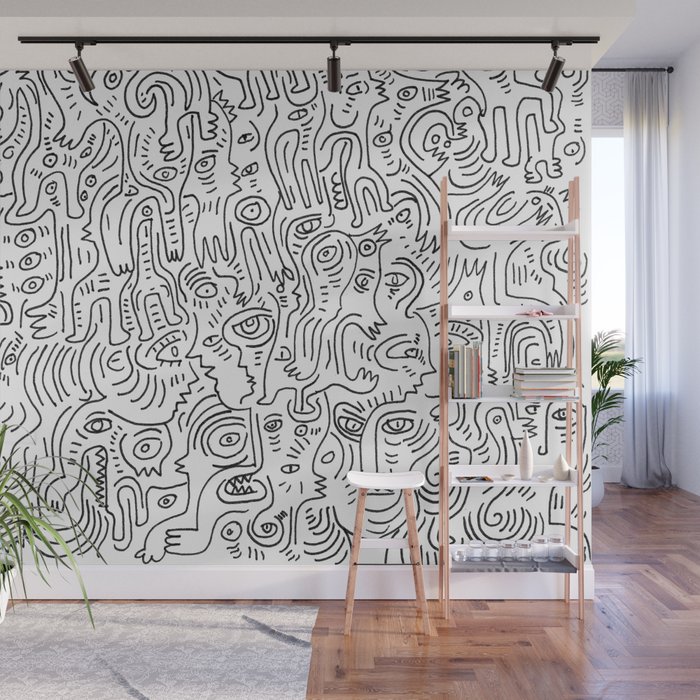 Graffiti Black And White Pattern Doodle Hand Designed Scan Wall