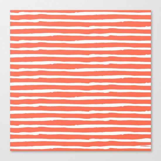 Thin Stripes White on Deep Coral Canvas Print