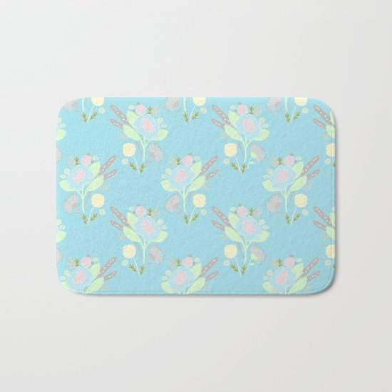 Cute Turquoise Pastel Doodle Flower Pattern Bath Mat