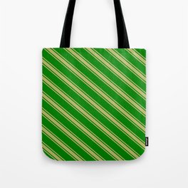 [ Thumbnail: Green & Dark Khaki Colored Lines Pattern Tote Bag ]